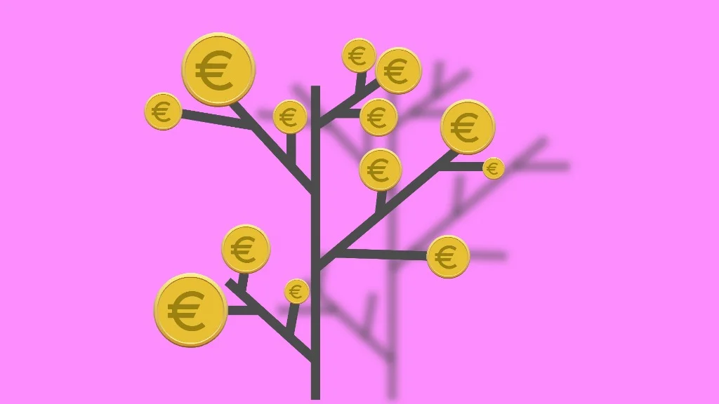 Árbol con monedas de euro como frutos sobre fondo rosa, metáfora del crecimiento de una inversión a largo plazo