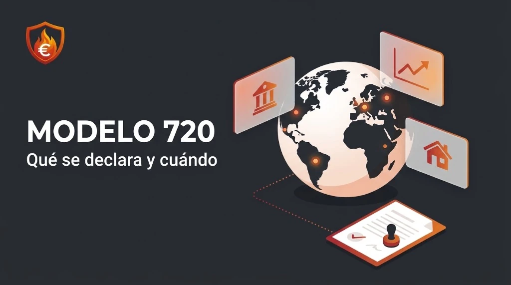 Globo terráqueo con documento sellado que representa la declaración del Modelo 720 de valores en brokers extranjeros, bajo el título Modelo 720